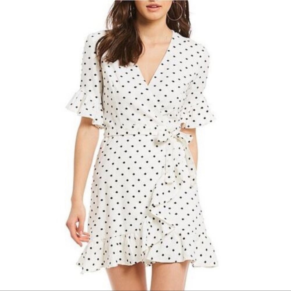 WAYF polka dot linen blend mini wrap dress